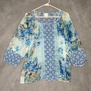 Anthropologie fig & Flower floral sheer blouse balloon sleeve geometric lace M